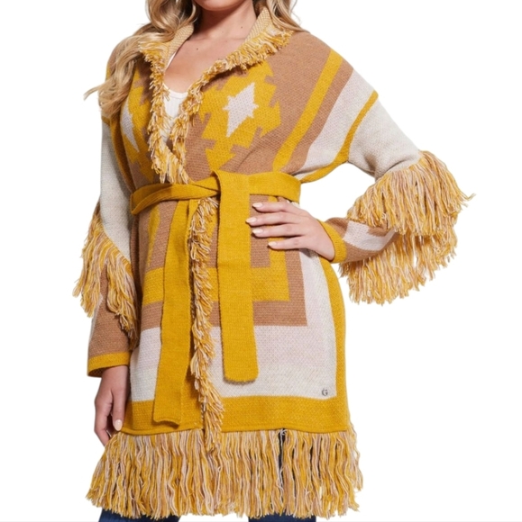 Guess gaia Yellow White longline Knit Sweater coat southwestern jacquard knit xs - Picture 1 of 11